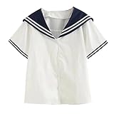 KUFEIUP Women's JK Uniform Tops Sailor Collar Buttons Down Shirt (White, Medium)