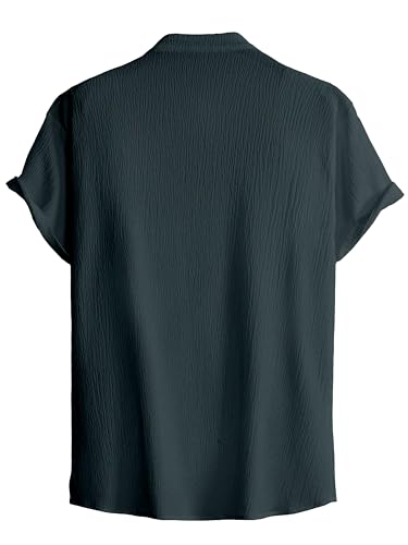 Image of Men Shirt | Black Solid Textured Casual | Regular Fit | Short Sleeve | Mandarin /Chinese Collar | Cotton Fabric | Stylish Office Summer Wear Shirt for Men