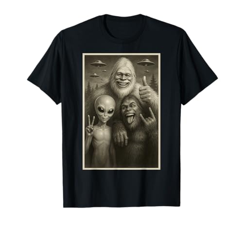 Panneau Humoristique Bigfoot, Alien, & Yeti Sasquatch Rock on UFO Handsign T-Shirt