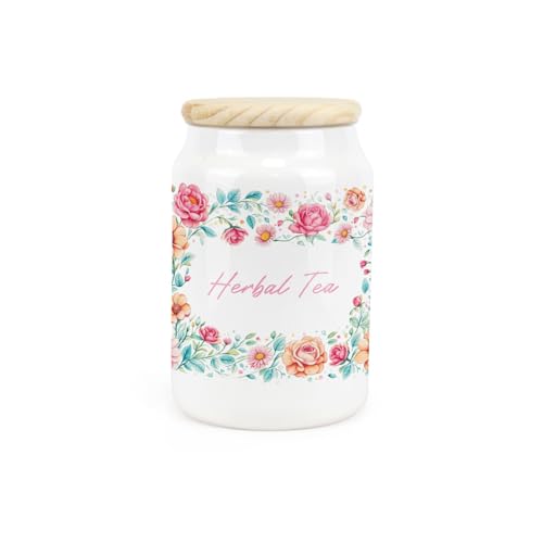 Purely Home Flower Border Ceramic Herbal Tea Storage Canister - Floral Artwork Kitchen Food Storage Container & Wooden Lid 600ml (14.5cm x 9.5cm)