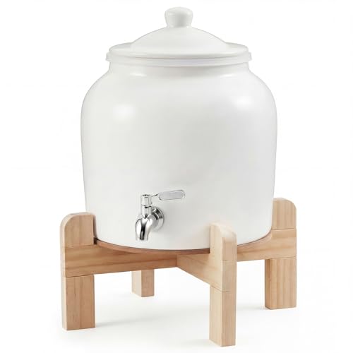 FillTouch Ceramic Water Dispenser Crock Water Dispenser with Wood Stand 304 Stainless Steel Faucet, Valve and Lid for 3 to 5 Gallon Jugs Porcelain Cooler Home Office Indoor Outdoor (White)