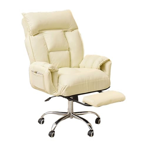 Silla de oficina ergonómica de cuero beige con reposabrazos y reposapiés, reclinación de 180° para casa, oficina, estudio, juegos, cómoda y elegante
