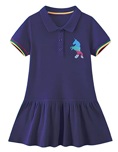 HILEELANG Toddler Girls Short Sleeve Polo Dress Cotton Casual Blue School Outfits Playwear Jersey Shirt Clothes 4T
