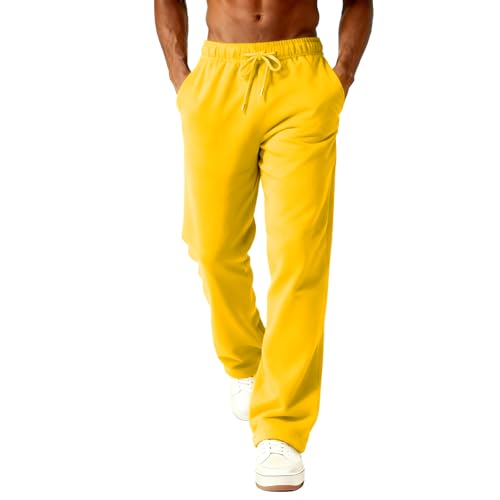 Image of Mens Joggers Fleece Lined Baggy Casual Track Suit Bottoms Fleece Joggers with Pockets Open Hem Jogging Bottoms Workout Gym Sport Running Trousers Loose Fit Lounge Pants Mens Clothes Yellow