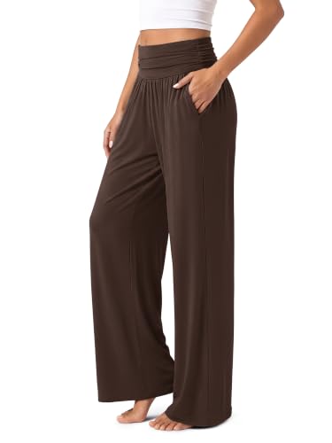 ODODOS Women's Wide Leg Palazzo Lounge Pants with Pockets Light Weight Loose Comfy Casual Pajama Pants-26 inseam, Chocolate, X-Large