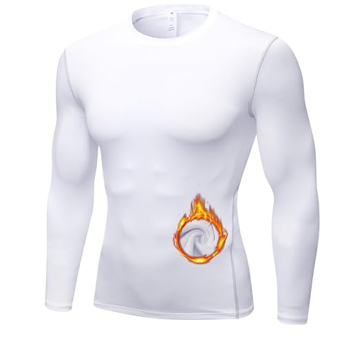 SPVISE Men's Fleece Long Sleeve Athletic Base Layer Tops Winter Cold Weather Gear Running T-Shirt White