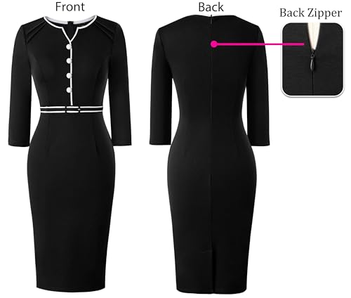 VFSHOW Womens Work Office Business Pleated Notch V Neck Buttons Fitted Belted Pencil Sheath Dress4