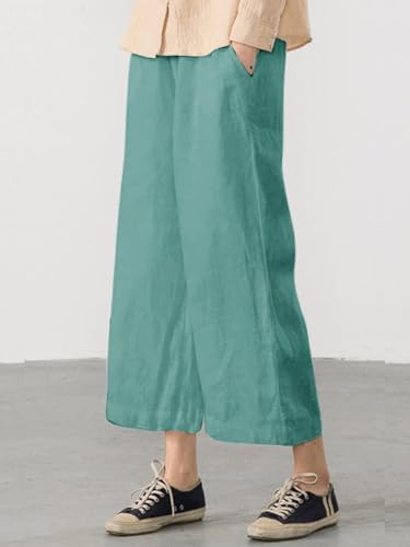 Image of ECUPPER Womens Cotton Cropped Pants Loose Fit Wide Leg Trousers | Casual, Plus Size, Elastic Waist, Capri, 100% Cotton, Slant Pockets, High Rise Waist, Lounge Pants