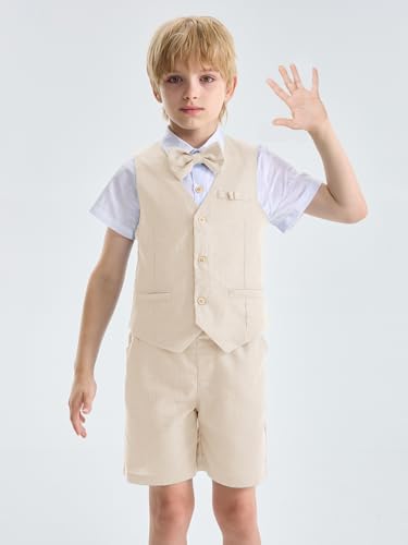 Image of LOLANTA Boys Linen Suit 4 Piece Summer Gentleman Outfit Kids Shorts Set