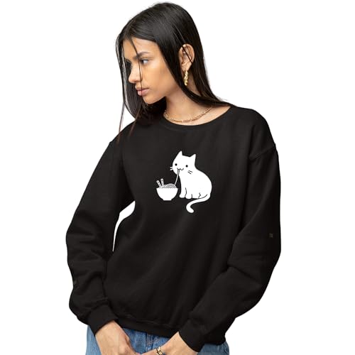 VIKI CLOTHING | Sweatshirt for Men & Women’s | Full Sleeve | Round Neck Fleece | Cute Cat Noodle Graphic Printed Sweatshirt for Women’s
