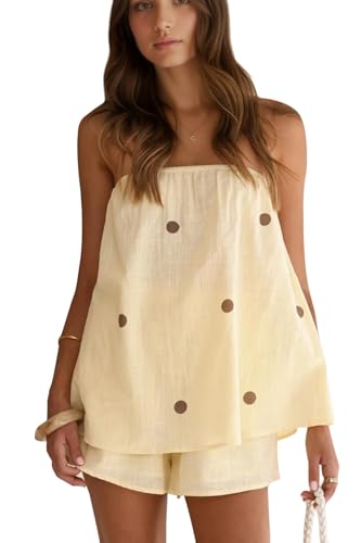 MSBESYOR Women Polka Dot Two Piece Shorts Set Strapless Tube Top Linen Lounge Sets Summer Vacation Resort Travel Outfits
