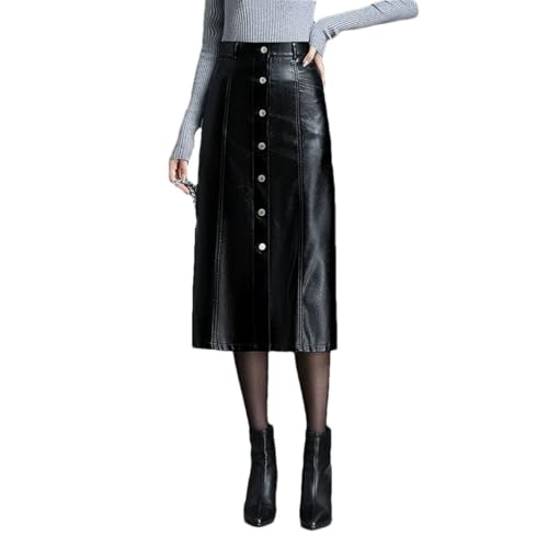 Rfmfkkg Women Pu Leather A-Line Skirt Elasitc Waist Button Decorative Elegant Office Lady Skirt Mid-Calf