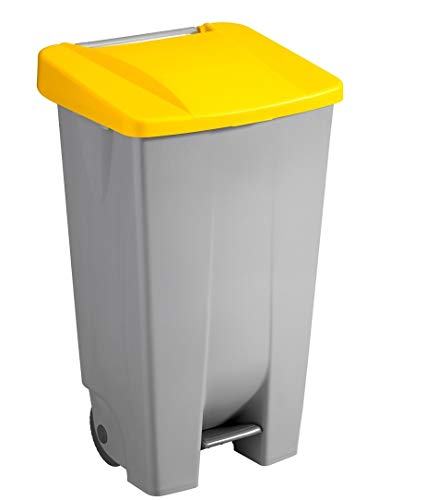 Sunware Basic Poubelle 120 l – 42,5 x 51 x 87,5 cm – Avec roues, pédale et poignée – Gris/jaune