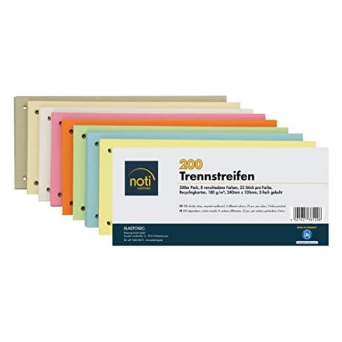 200 Trennstreifen in 8 Farben, 25 Stück pro Farbe, 24 x 10,5cm, gelocht, 180g/m² recycelter Karton, zum Sortieren von Dokumenten, bedruckbar Cover