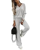 CHICME Womens Lounge Sets 2 Piece Ribbed Knit V Neck Long Sleeve Top Elastic Waist Wide Leg Pants Matching Sweatsuits-lga-L