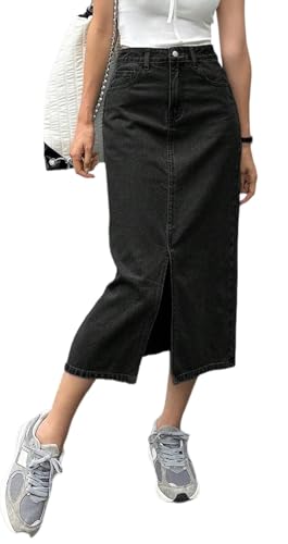 Womens Casual Slit Denim Midi Jean Skirt Stretch High Waist Frayed Button Up with Pockets
