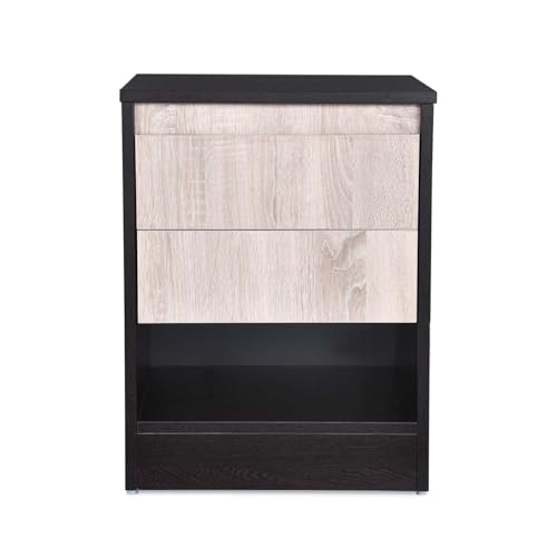 Image of Nilkamal Riva Night Stand | Wooden Bed Side Table with 2 Drawers and an Open Shelf | Multipurpose End Table for Bedroom, Living Room | Wenge & Sonoma Oak