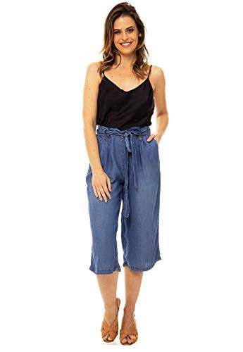 Calça Pantacourt Jeans SOB Azul Com Faixa De Amarrar E Bolsos