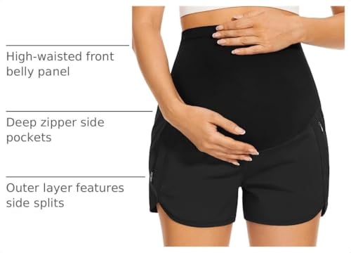 Image of PACBREEZE Women's Maternity Shorts Over Belly Quick Dry Workout Athletic Running Shorts with Zipper Pockets