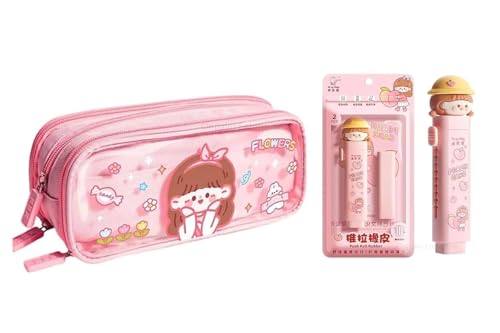 Image of Kawaii Cute Pencil Pouch with Push Pull Eraser Set for Kids,Premium Canvas Zipper Stationery Organizer Box with Cartoon Design | School Supplies Gift Combo for Boys & Girls (Pink Girl Flower + Eraser)