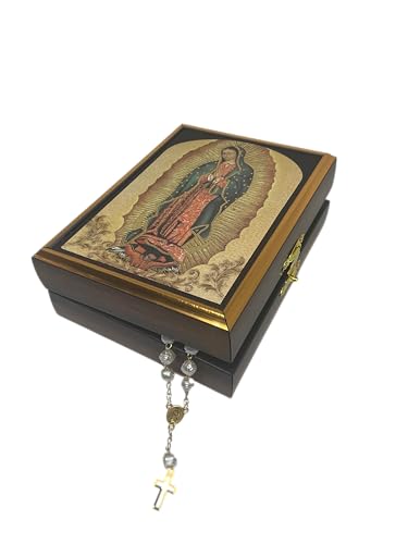 La Mejor comparativa de Molduras de madera disponible en línea. 33 Caja para Rosarios y Joyas Virgen de Guadalupe con Acabados en Madera, Alhajero Organizador de Joyería Católico, 13 cm x 10 cm x 5.5 cm