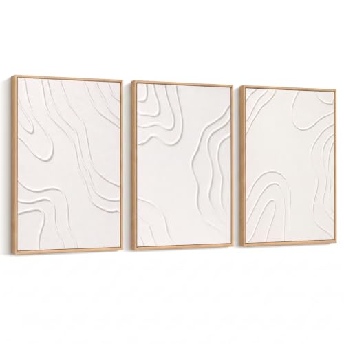 InSimSea Hand-Painted White Abstract Textured Art, Wood Frame, Neutral