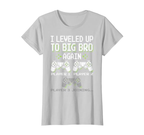 I Leveled Up to Big Bro Again Brother Gamer Funny Video Game T-Shirt, Women, Silver Grey, Medium