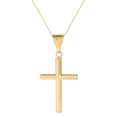 Amanda Rose Collection High-Polish Round Tube Cross Pendant for Women in 14K Yellow Gold on a Matching Gold Chain, Adjustable 16-18 inches | Solid Gold, Stamped for Authenticity