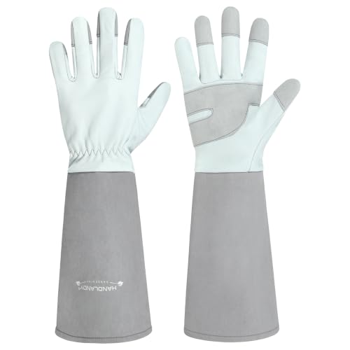 Image of HANDLANDY Rose Pruning Gloves for Men Women, Thorn Proof Gardening Gloves | Long Leather Gardening Gloves, Breathable Leather Gauntlet, Best Garden Gifts & Tools for Gardener (Silver Gray, M)
