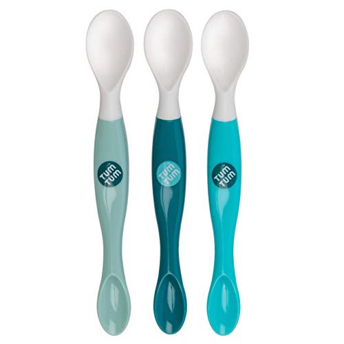 TUM TUM 3 Cuillères Bébé 1er Âge, Cuillères Bébé 2 Extrémités, Sans BPA, Lavables (Bleu)