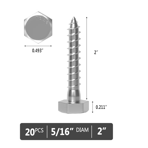 Vgbuy VG01807 5/16 Inch X 2 Inch Hex Head Lag Screws 20Pcs, 304 Stainless Steel 18-8 Lag Bolts Wood Screws Heavy Duty Large Screws thumb #4