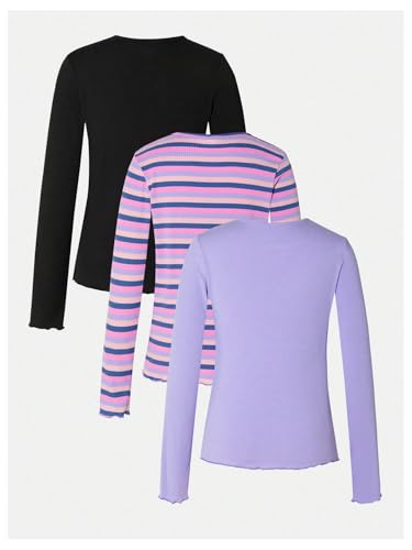 Floerns Girl's 3 Piece Floral Patch Long Sleeve T Shirts Striped Crew Neck Casual Tops Black Purple Pink 10Y2