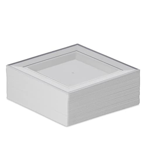 Bloomingoods Plastic Disposable Square Dessert Plates | 50-Pack 6.5 Inches White With Silver Rim Square Plates | Ideal For Weddings, Parties, Catering | Heavy Duty & Non Toxic #TOP2