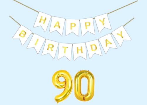 Image of 90th Happy Birthday Decoration Kit White for 90 year Old Men Women with Number Ninety Party Decorations Decor Celebration Items Item Set Combo Reusable Paper Banner