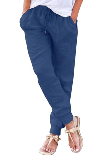 Yutdeng Pantalones Verano Mujer Pantalones Largos con Bolsillos Cintura Elástico con Cordón Fresco Pantalones de Verano Ligeros Pantalón Ancho Casual Pantalón Deporte Jogger Mujer,Azul Marino,L