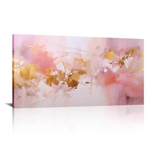 Peinture marbre rose et or grand format, cadre inclus pour habiller un mur
