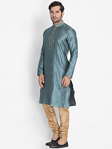 Image of VASTRAMAY Men's Aqua Cotton Silk Blend Kurta and Pyjama Set