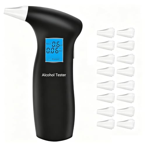PUTAII Alkoholtester, Alkoholmessgeräte Polizeigenau mit 16 Mundstücken, Professioneller Alkohol Tester Promillemessgerät mit Digitaler LCD-Anzeige und Halbleiter Sensorik
