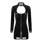 Robe Brillante en Cuir Verni Effet mouillé pour Femme, Robe à Manches Longues avec Fermeture éclair, Tenue de soirée Rave, Pole Dance -Noir-4XL