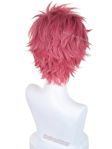 Image of Half and Half Akaza Cosplay Wig Short Rose Red Pink Demon Anime Wig Men's Dark Pink Ghost Layered Wigs for Male Men Halloween Party Daily Unisex Costumes
