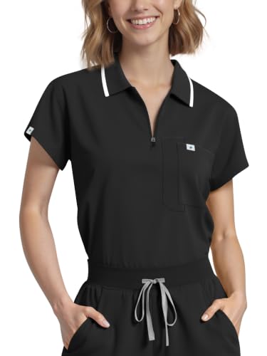 Image of Scrub Tops for Women, Medical Short Length Zip-Front Polo Scrub Top