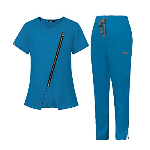 niaahinn Scrub for Women Medical Scrub Sets Nursing Uniform Top & Jogger Pants Dental Scurb Suit (Blue,XL,X-Large)