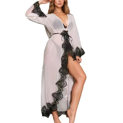 VicSec Peignoir kimono sexy pour femme - En dentelle - Long peignoir de bain - En tulle transparent - Nuisette - Nuisette - Nuisette - Robe de plage - Pour...
