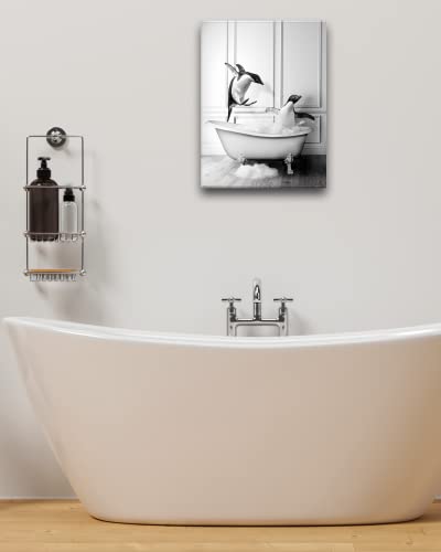 Ihery Funny Bathroom Wall Art Decor, Waterproof 12X16In Black And White Quality Canvas Wall Art Pictures, Wood Framed Funny Penguin Bathing Animals Abstract Prints For Bedroom Kids Room 1 Pack #TOP4