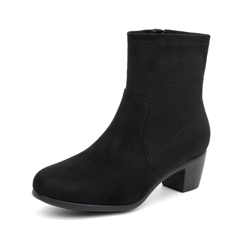 VJH confort Women's Stretch Ankle Boots Block Low Heel Almond Toe Comfy Dress Slip-on Booties with Zipper(Black,8.5)