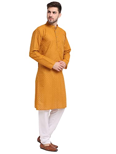 Image of Jompers Men Green Ethnic Embroidered Pure Cotton Kurtas.