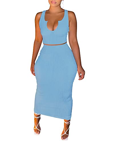 Image of Women Sexy Two Piece Skirt Outfits Long Sleeve /Sleeveless V Neck Bodycon Ribbed Knitted Maxi Club Party Dress