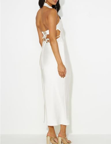 Image of Women Summer Satin Halter Neck Backless Formal Wedding Guest Maxi Dress