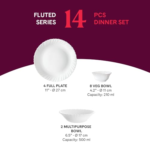 Image of Larah by BOROSIL Red Carnation Opalware Dinner Set, (14-Pieces, White)