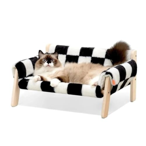 Vlfn 猫ソファーペットベッド 猫犬共用 四季対応 分解洗濯可能 黒白格子毛?カバー 浅木フレーム 22inch長 インスタ映え猫床